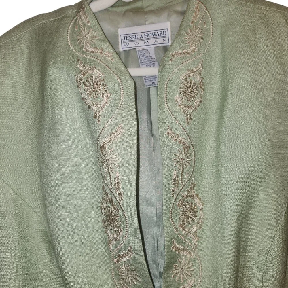 Beautiful Lime Green Jessica Howard Woman Embroidered Linen Blend Jacket Size 16 - Picture 12 of 14